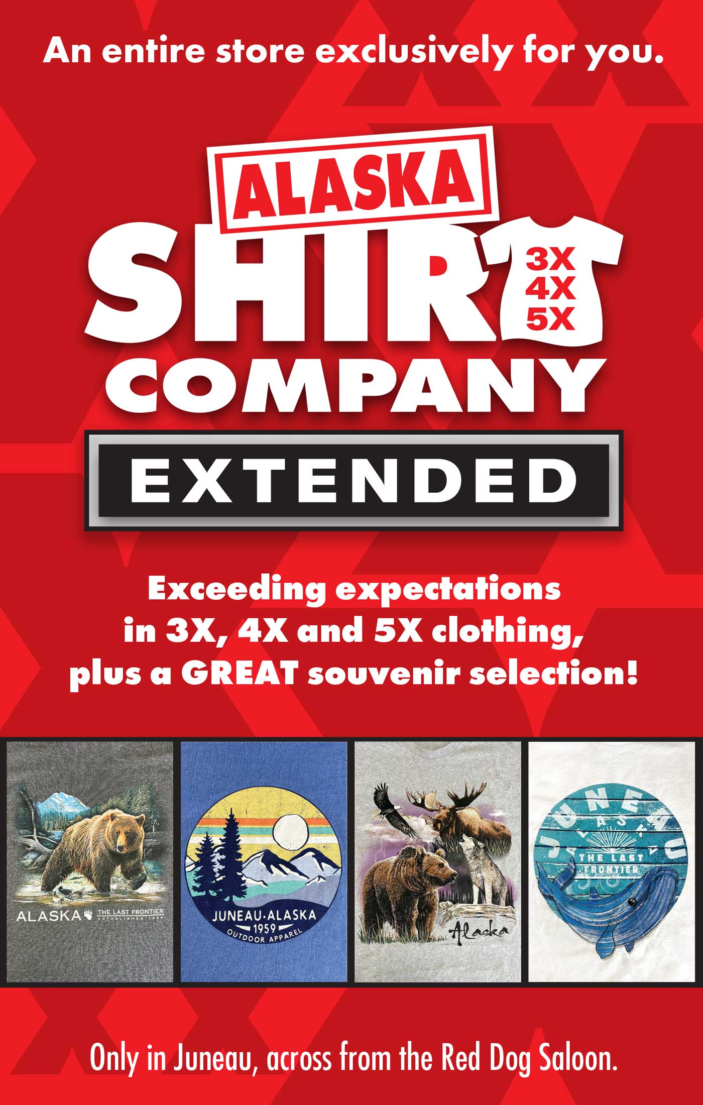 image of Alaska Shirt Company's new store, Alaska Shirt Co - Extended. Dedicated to 3X, 4X, and 5X clothing. Plus great souvenirs to take back home!